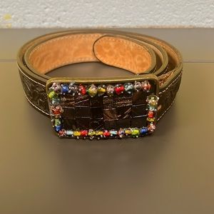 Western leather tooled belt with beaded buckle